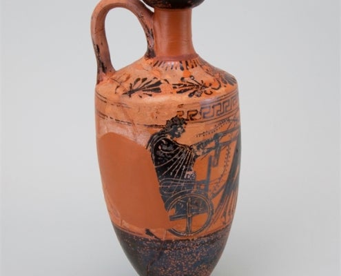 7. Lekythos Vase (Unknown) 1901.2-C Gela Painter, Greek Attic Black-figure Lekythos Vase with Charioteer Design black paint on red clay Gift of Mr. Frank T. Howard to the Howard Tilton Memorial Library