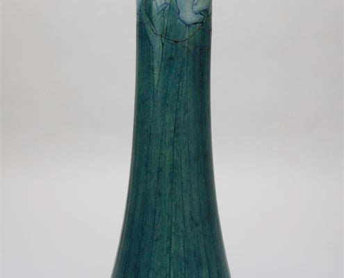 3. Vase - Louisiana Iris Design (Mary Williamson) 2010.12.26 Joseph Fortune Meyer, American Mary Williamson Summey Vase with Louisiana Iris Design matte glaze on incised clay body Gift of Mr. Clayton M. Perkins, Jr. from the estate of his wife, Carolyn Doan King Perkins