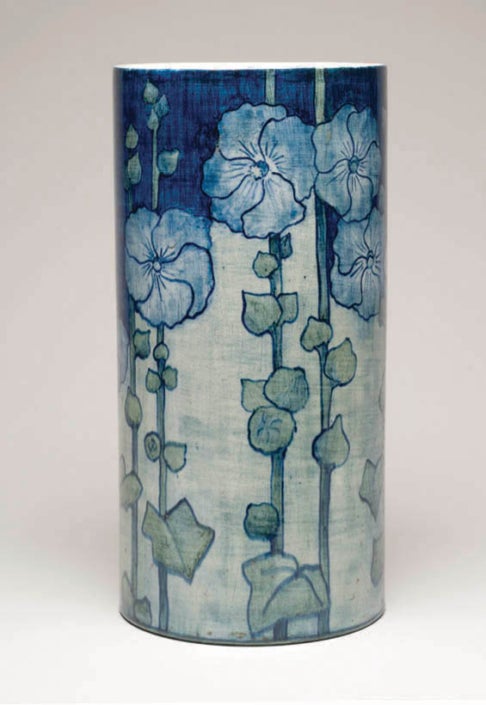 Vase with Hollyhock Design Ada Wilt Lonnegan (aka Mrs. George F.) (1879–1963) designer; Joseph Fortune Meyer (1848–1931), New Orleans, LA) potter; Vase with Hollyhock Design,1901; underglaze with glossy finish on white clay body; Newcomb Art Museum, 2009.5.1