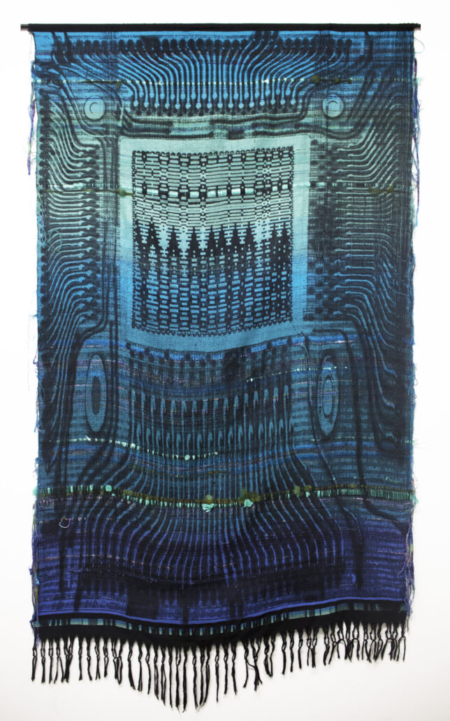 Robin Kang. "Phantasmic Data Dawn", 2015. Hand Jacquard woven cotton, synthetic yarns, hand dyed wool, plastic bag.