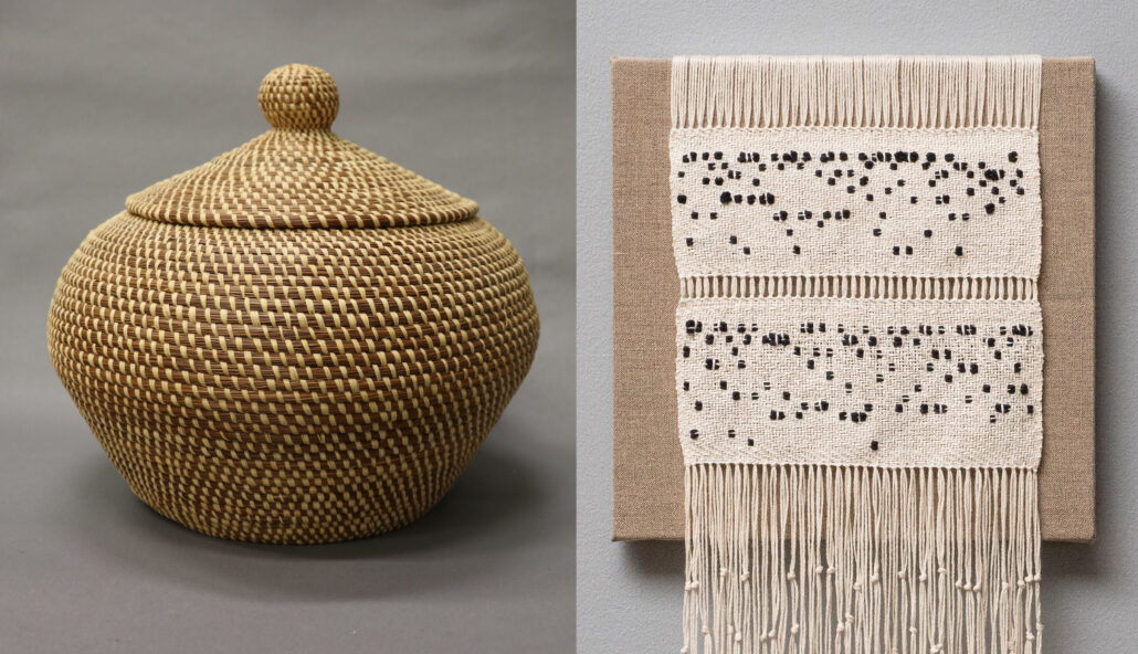 Left: Darlene Langley Robinson. Coiled and sewn storage basket with lid, 2000. Longleaf pine (Pinus palustris) needles, coyyihissí, rafﬁa, pahí. Rght: Detail view. Ahree Lee. “Ada,” 2019. Cotton, linen and wool on canvas.