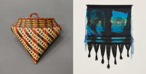 Left: Scarlett Darden. Plaited heart-shaped basket with loop for hanging with Ketmix Soq (Mouse Tracks) design, 2015. Rivercane (Arundinaria gigantea). Right: Robin Kang. “Topaz Tetra Oscillator,” 2016. Hand jacquard woven cotton, hand dyed wool, satin and metallic yarn.